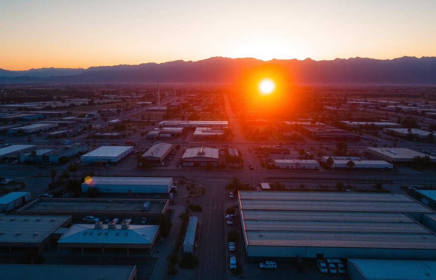 Fontana, California warehouse district at sunset